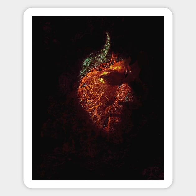 Portrait, digital collage and special processing. Devil face, side. Horn and lava texture. Dim, violet spots, orange. Sticker by 234TeeUser234